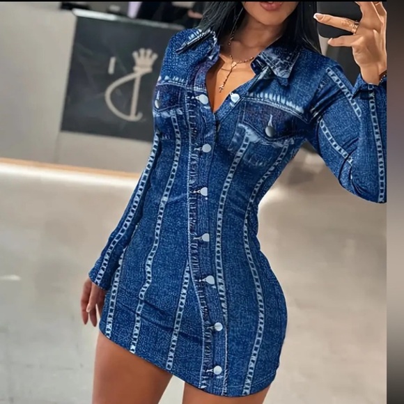 Form Fitting Bodycon Jean Look-a-Like Long Sleeve Polyester Print Dress - Picture 4 of 8